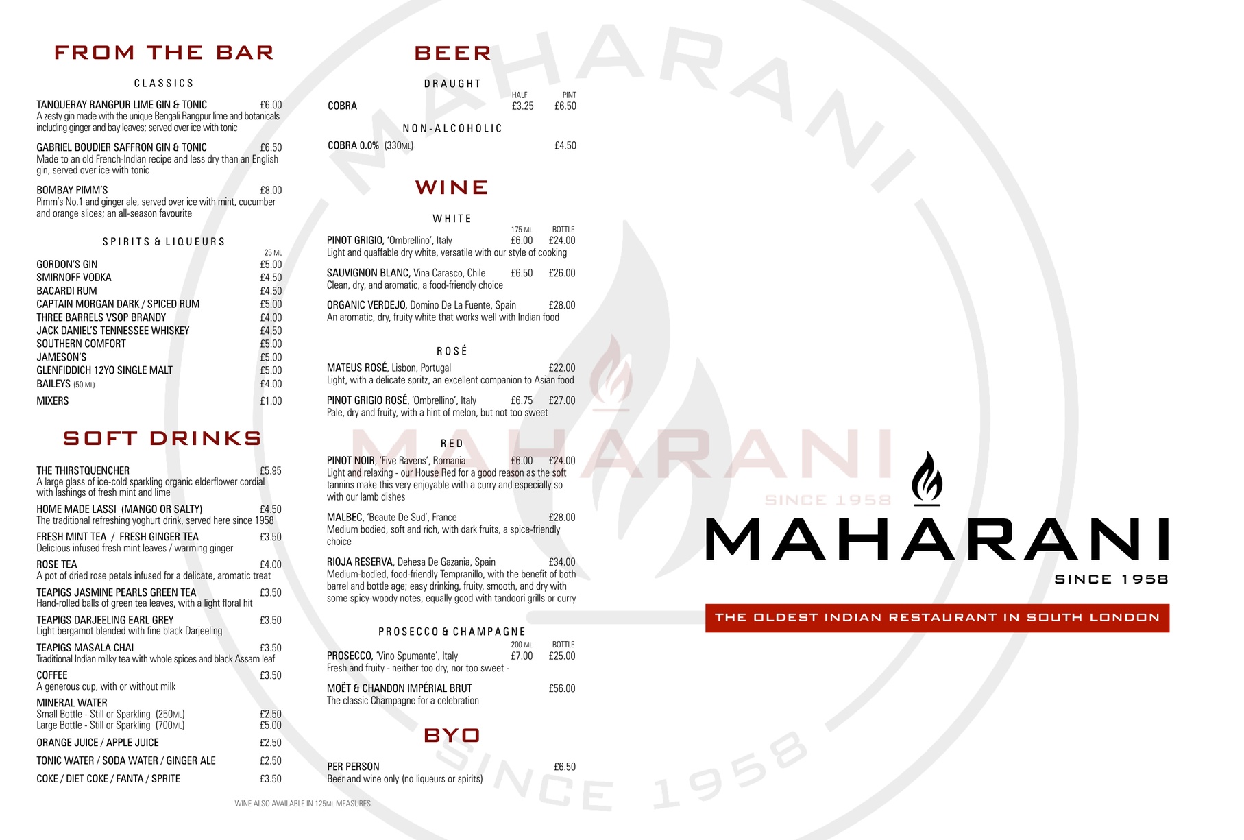 Preview of the Maharani drinks menu PDF